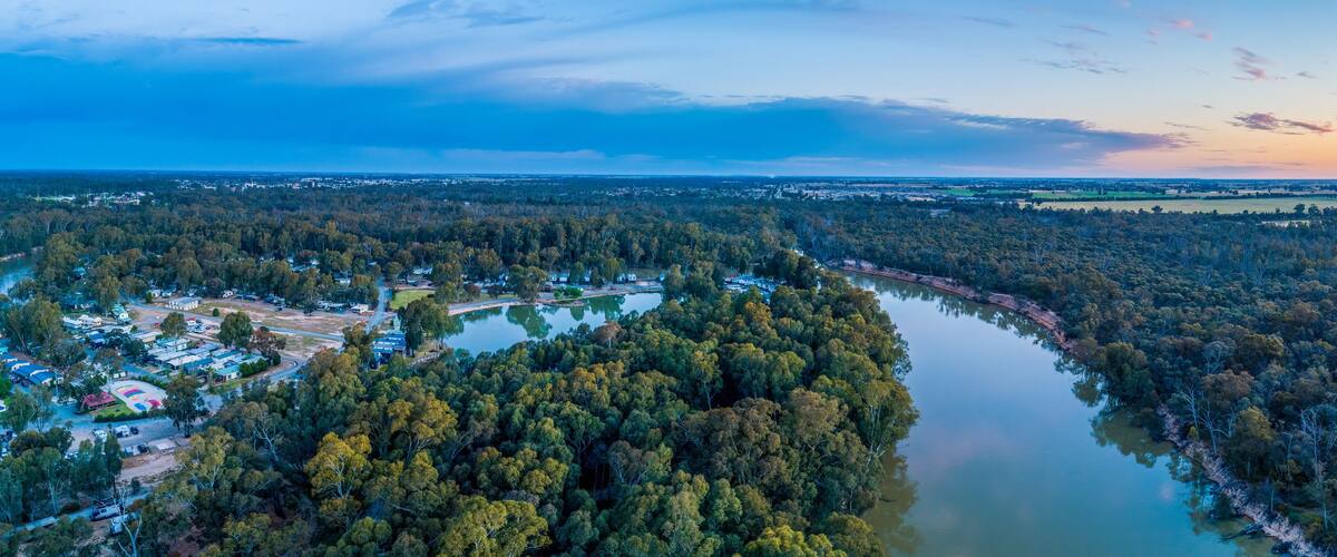 Murray River at dusk aerial panoramic landscape
