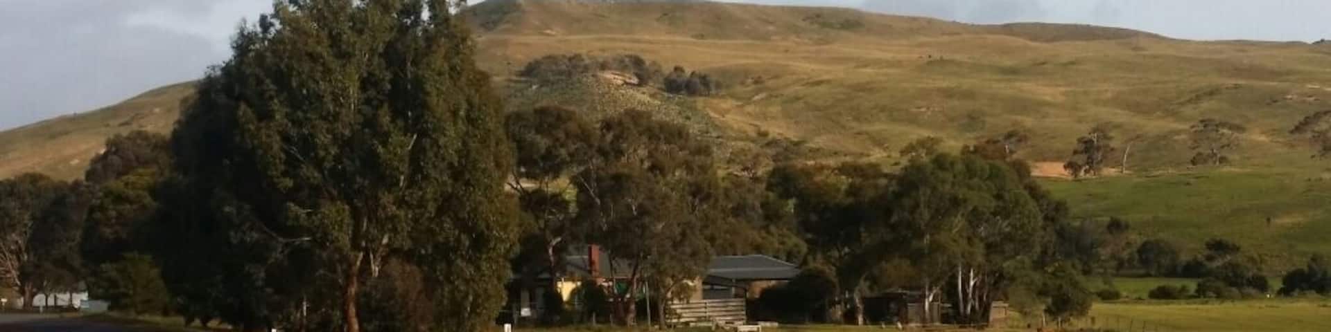 Mount Wallace is one of Moorabool Shire's little known gems. Travel south from Bacchus Marsh towards Rowsley and then west along Glenmore Road to see a pretty green valley surrounded by green hills and craggy outcrops. Then climb the hairpin bends at Mount Wallace. At the junction with the Geelong - Ballan Road turn right for an enjoyable cup of tea in Ballan (priced $1 at 'Opportunities on Inglis' op shop).