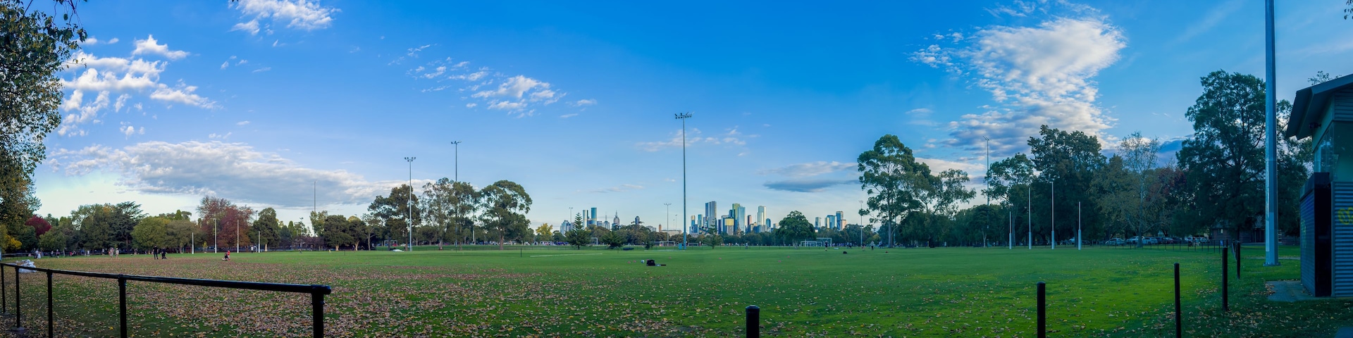 Um parque com um grande espaço aberto, árvores e o horizonte da cidade ao fundo.