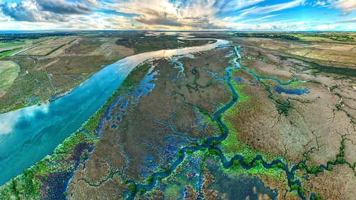 Drone view of the Barwon River and Lake Connewarre upstream of and Barwon Heads, Victoria, Australia.