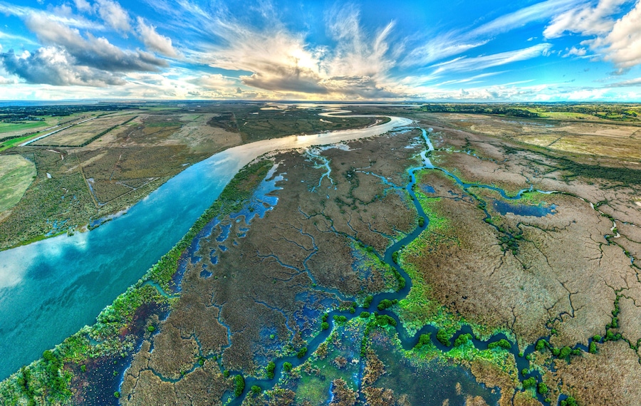 Drone view of the Barwon River and Lake Connewarre upstream of  and Barwon Heads, Victoria, Australia.