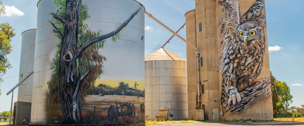 Large grain silos with detailed murals of a tree and an owl.