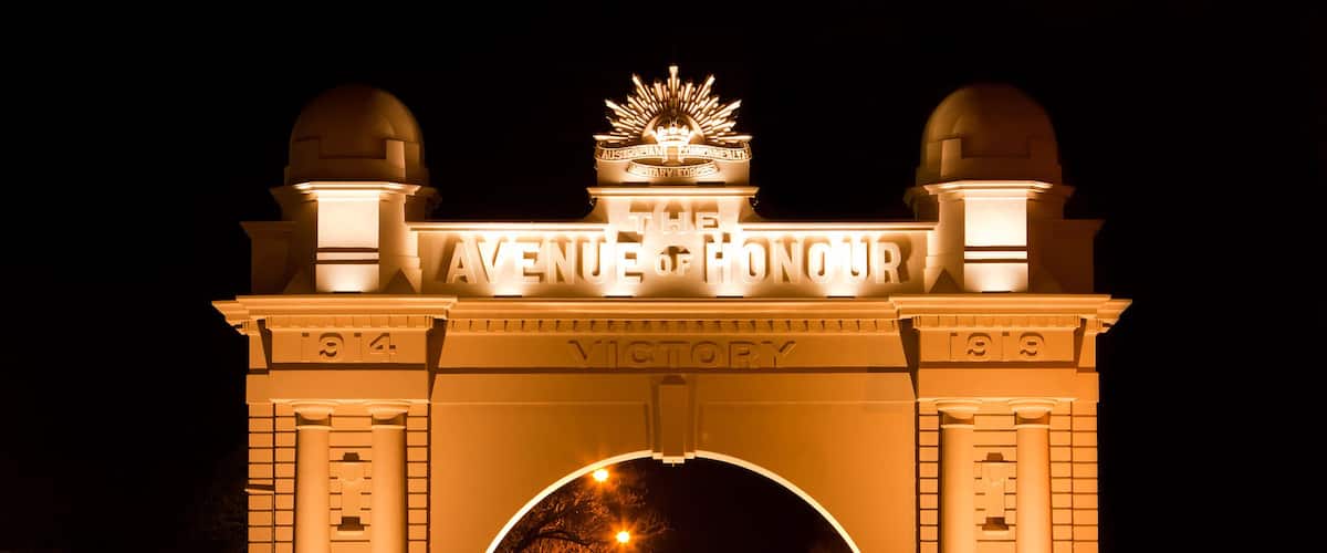 The historic Arch of Victory (built 1920) in Ballarat, Victoria, Australia, at night.