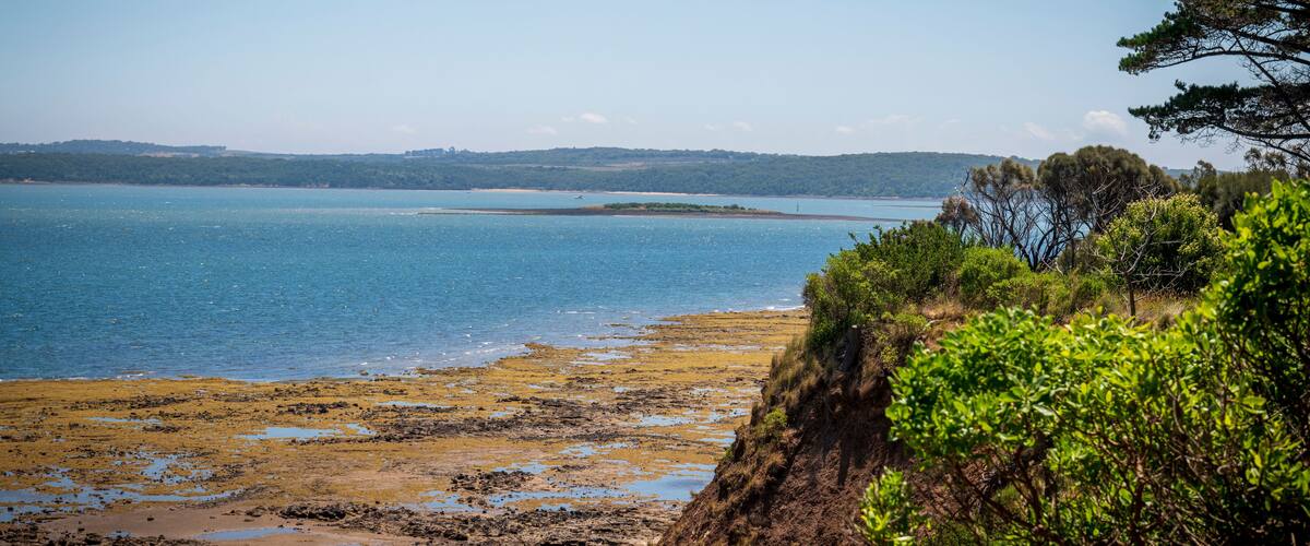 A coastal landscape with a beach, rocky shore, and distant hills.