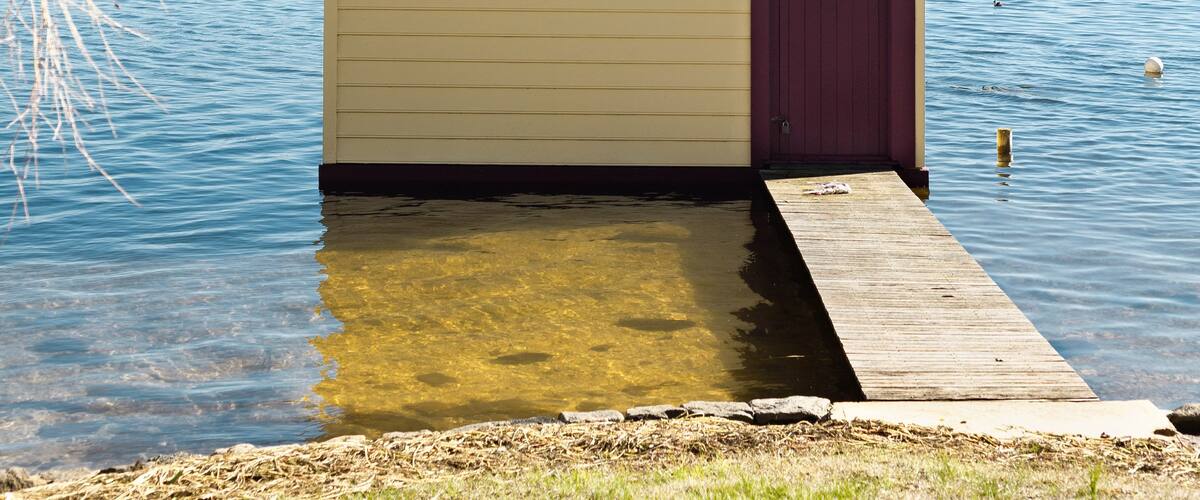 A small, yellow boathouse with a purple door, number 14, on a dock extending into a calm lake.