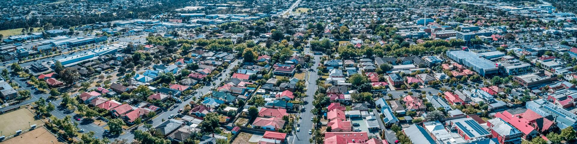 Aerial panoramic landscape of Oakleigh suburb in Melbourne, Australia