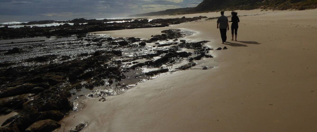 A rocky beach with two people walking along the shore.