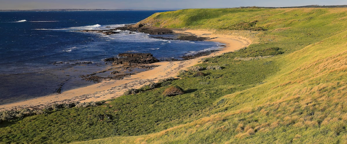 A coastal landscape with a sandy beach, rocky shoreline, and green hills.