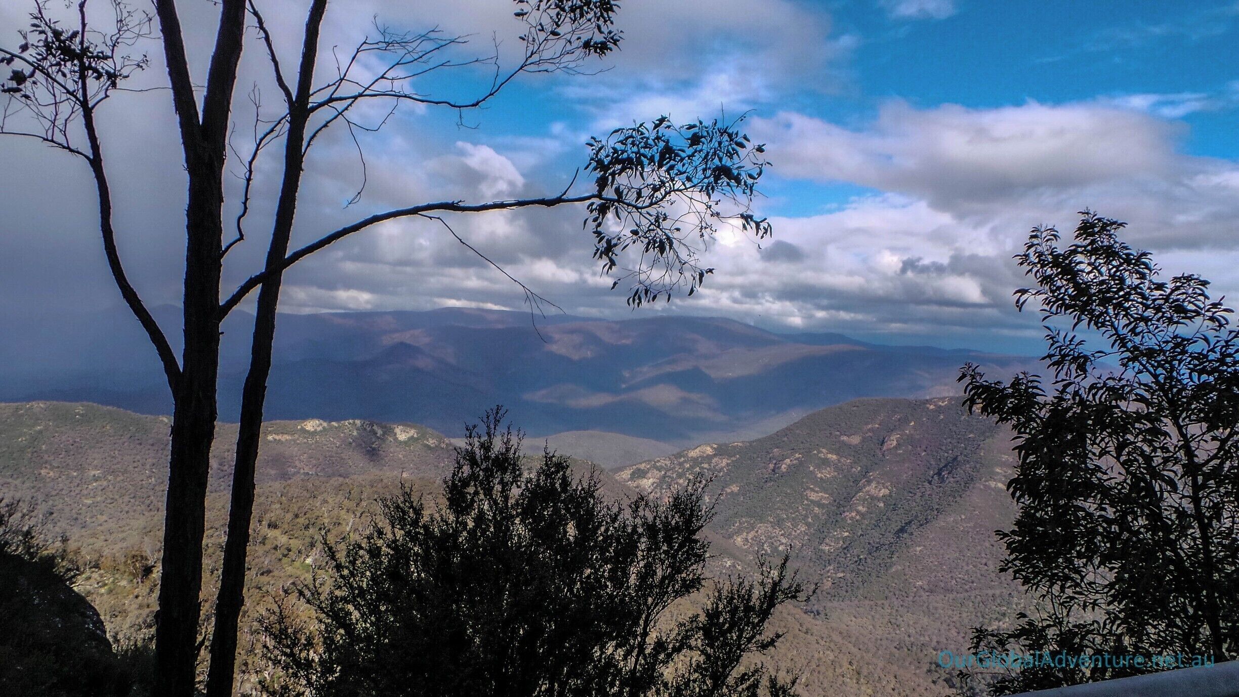 A mountainous landscape with trees in the foreground and a range of hills in the background.