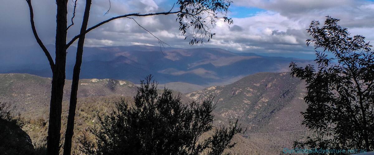 A mountainous landscape with trees in the foreground and a range of hills in the background.