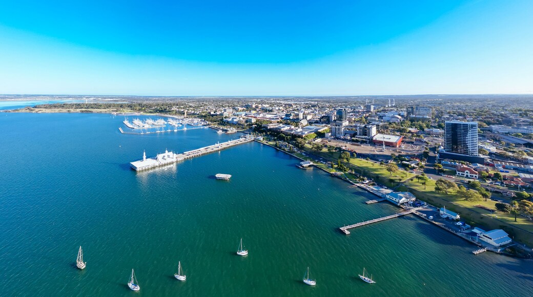A coastal city with a marina, sailboats, and a mix of urban and green spaces.