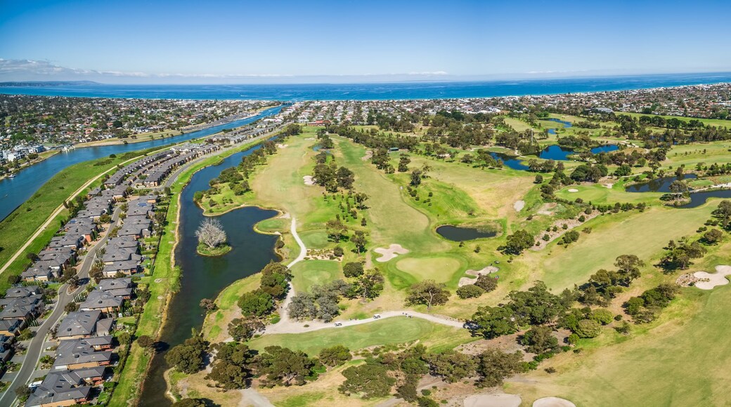 Aerial panorama of Patterson River Golf Club on a bright sunny day. Melbourne, Australia.