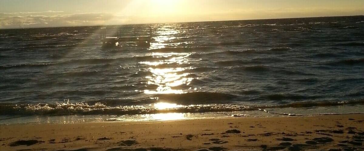 A beach with footprints and waves under a setting sun.