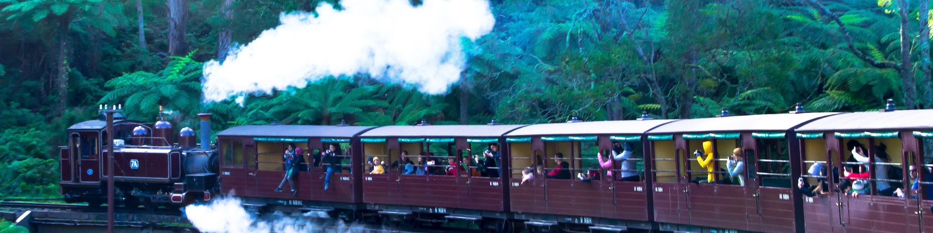 Un tren de vapor sobre un puente, con pasajeros, rodeado de un bosque denso.