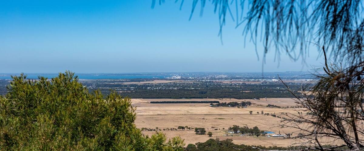 A panoramic view of a coastal landscape with a clear sky, dense greenery in the foreground, and a distant cityscape.