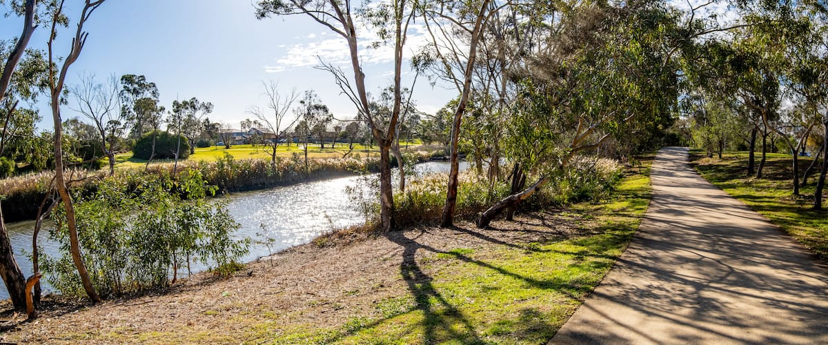 A riverside path with trees and a grassy area.