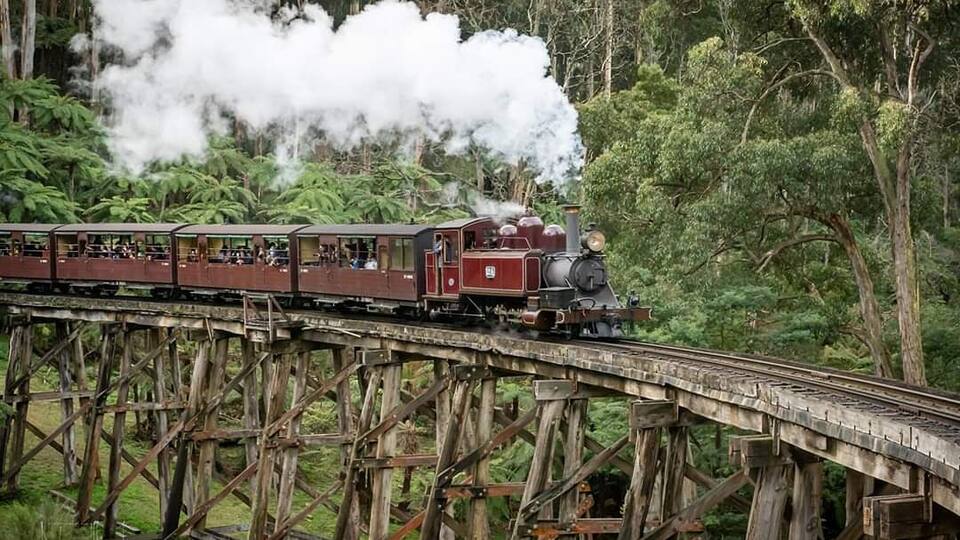 Eine Dampflokomotive auf einer Holzbrücke durch einen Wald.