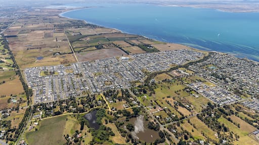 Aerial view of Clifton Springs, a small residential district of houses along Port Phillip Bay, Victoria, Australia.