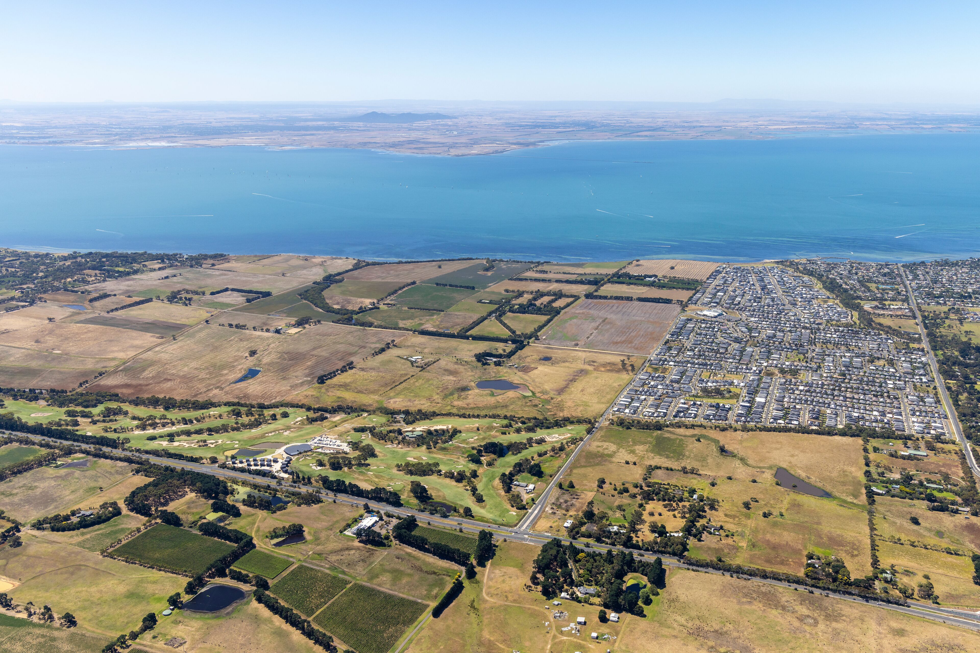 Aerial view of Clifton Springs, a small residential district of houses along Port Phillip Bay, Victoria, Australia.
