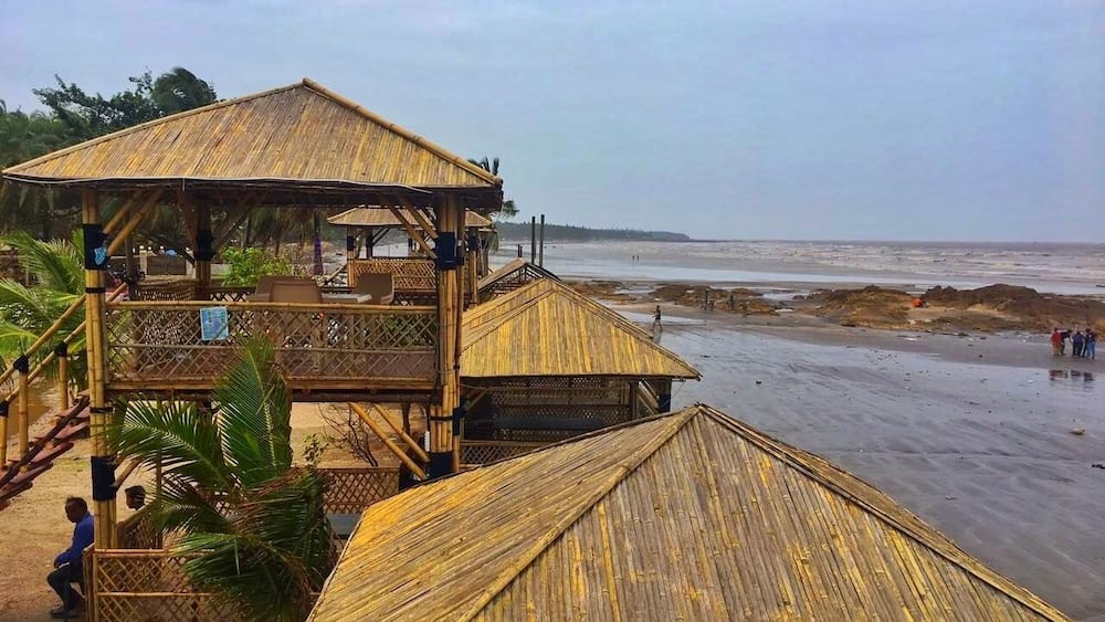 Une construction en bois située au bord de la plage, dotée d’un toit de chaume et offrant une vue sur la plage.