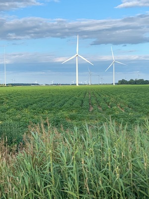 The simplistic beauty of farm country with the ginormous energy windmills is quite the contrast.