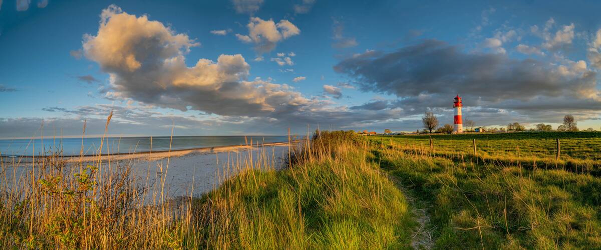 A coastal landscape with a lighthouse, grassy fields, and a clear sky.