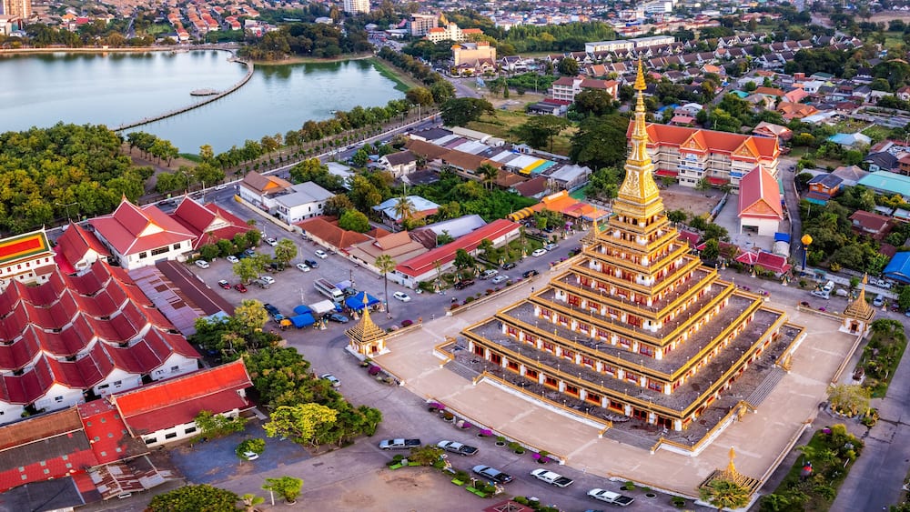 Aerial view of Wat Nong Waeng, also known as Phra Mahathat Kaen Nakhon, in Khon Kaen, Thailand