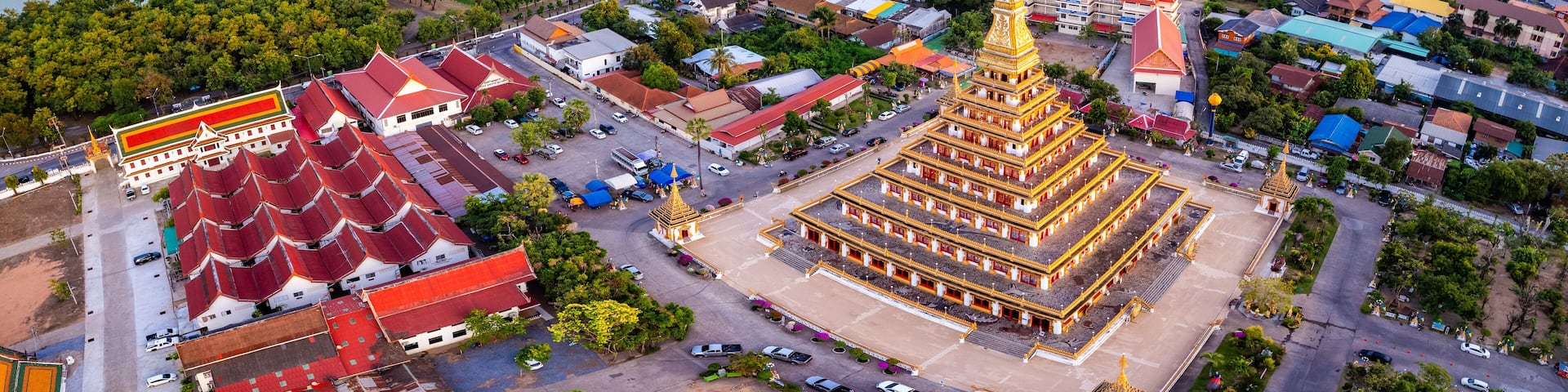 Aerial view of Wat Nong Waeng, also known as Phra Mahathat Kaen Nakhon, in Khon Kaen, Thailand