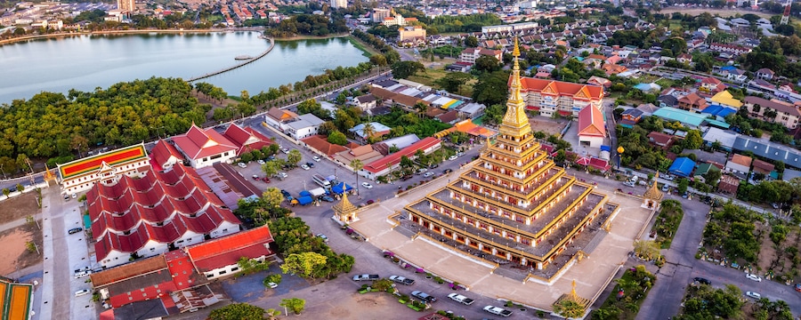 Aerial view of Wat Nong Waeng, also known as Phra Mahathat Kaen Nakhon, in Khon Kaen, Thailand