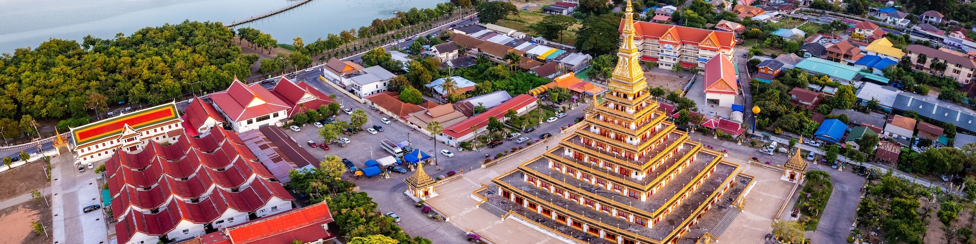 Aerial view of Wat Nong Waeng, also known as Phra Mahathat Kaen Nakhon, in Khon Kaen, Thailand
