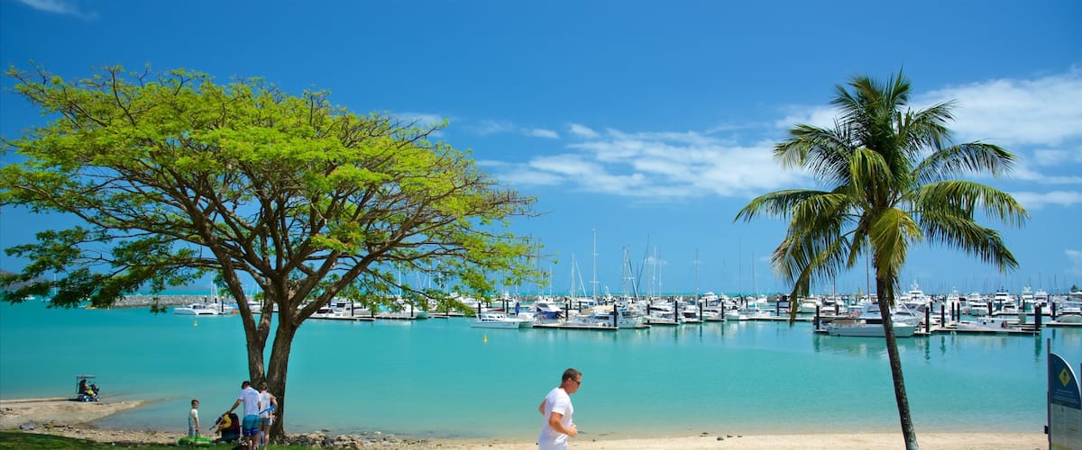 Airlie Beach ofreciendo vistas generales de la costa y una bahía o puerto y también un hombre