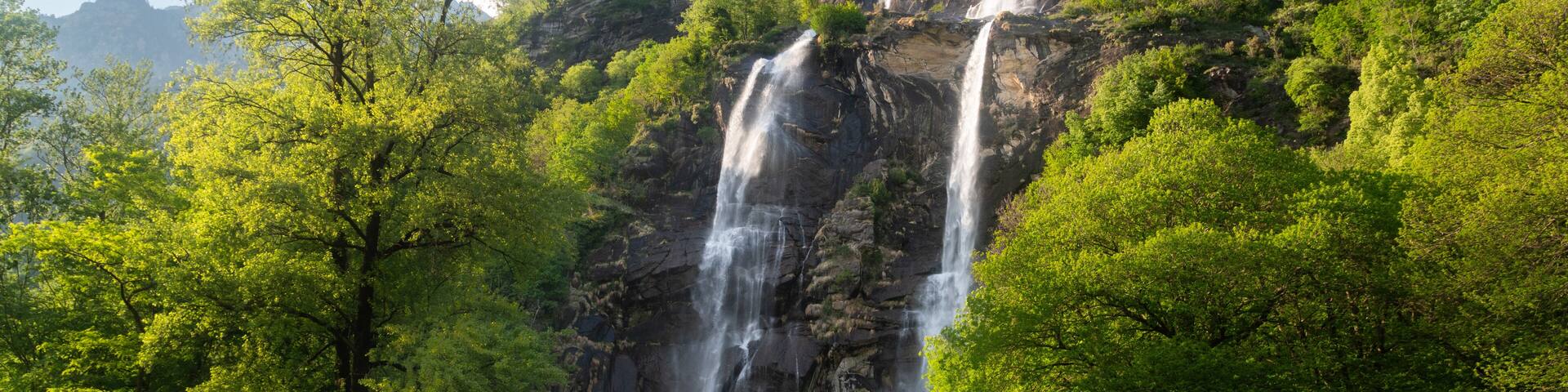 A waterfall cascading down a rocky cliff surrounded by lush green trees and a clear path leading to the water.