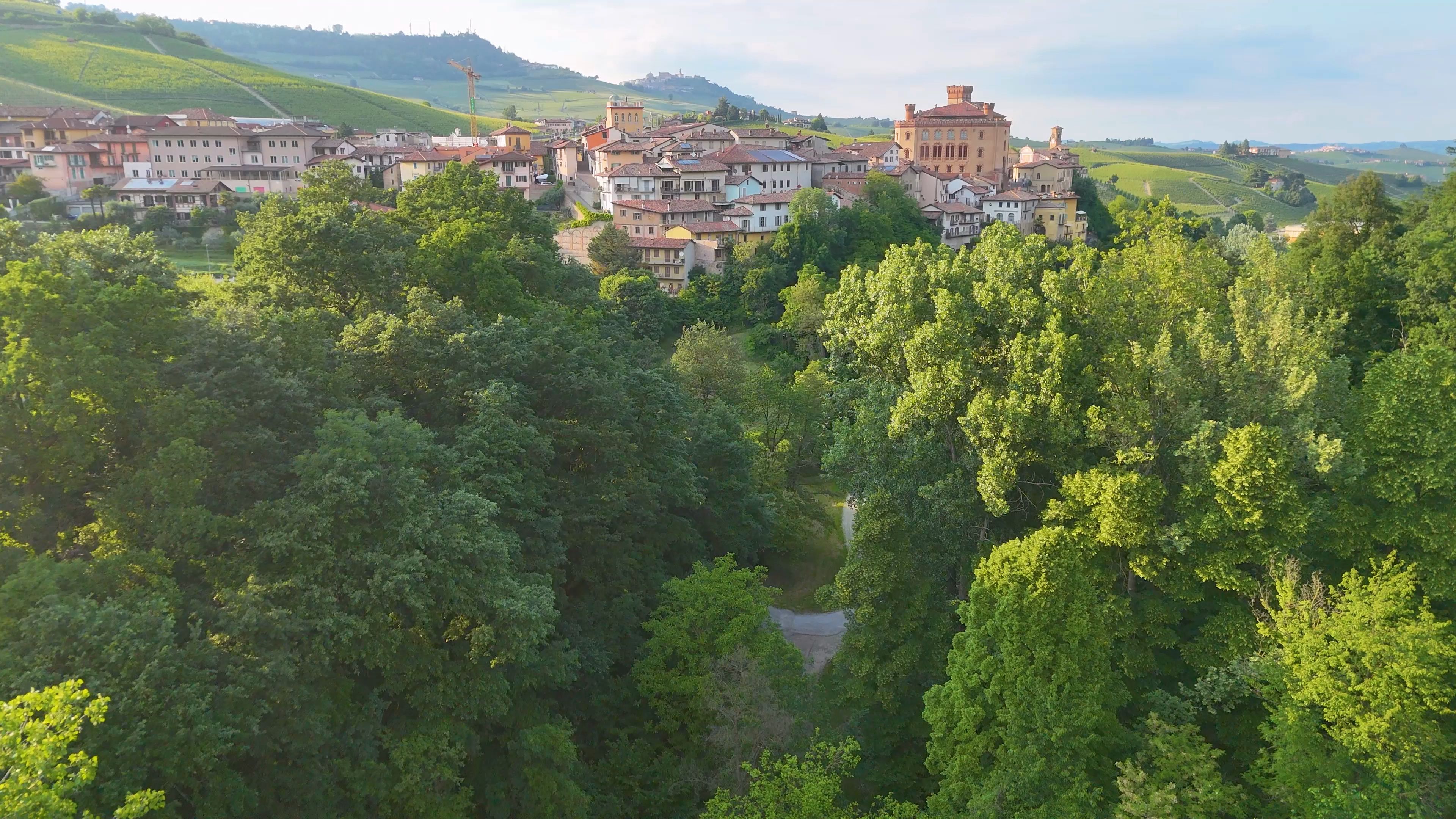 A town nestled in a valley with lush greenery, historic buildings, and a prominent castle-like structure.