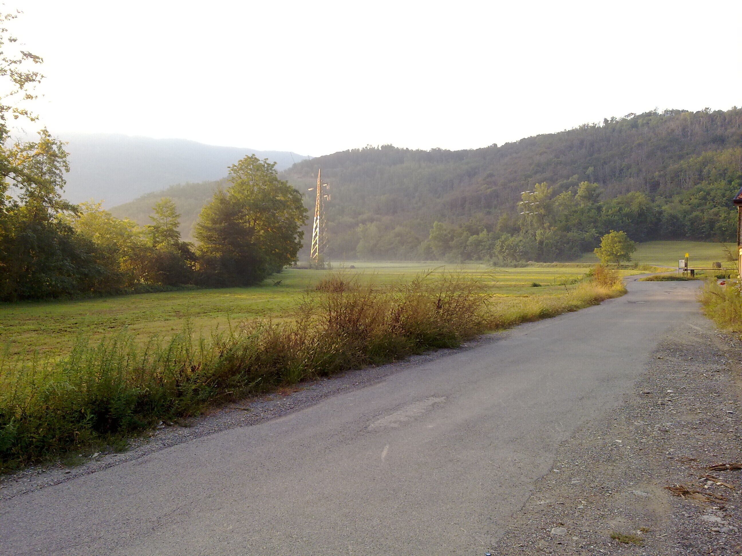 A rural road leading through a green field with trees and hills in the background.