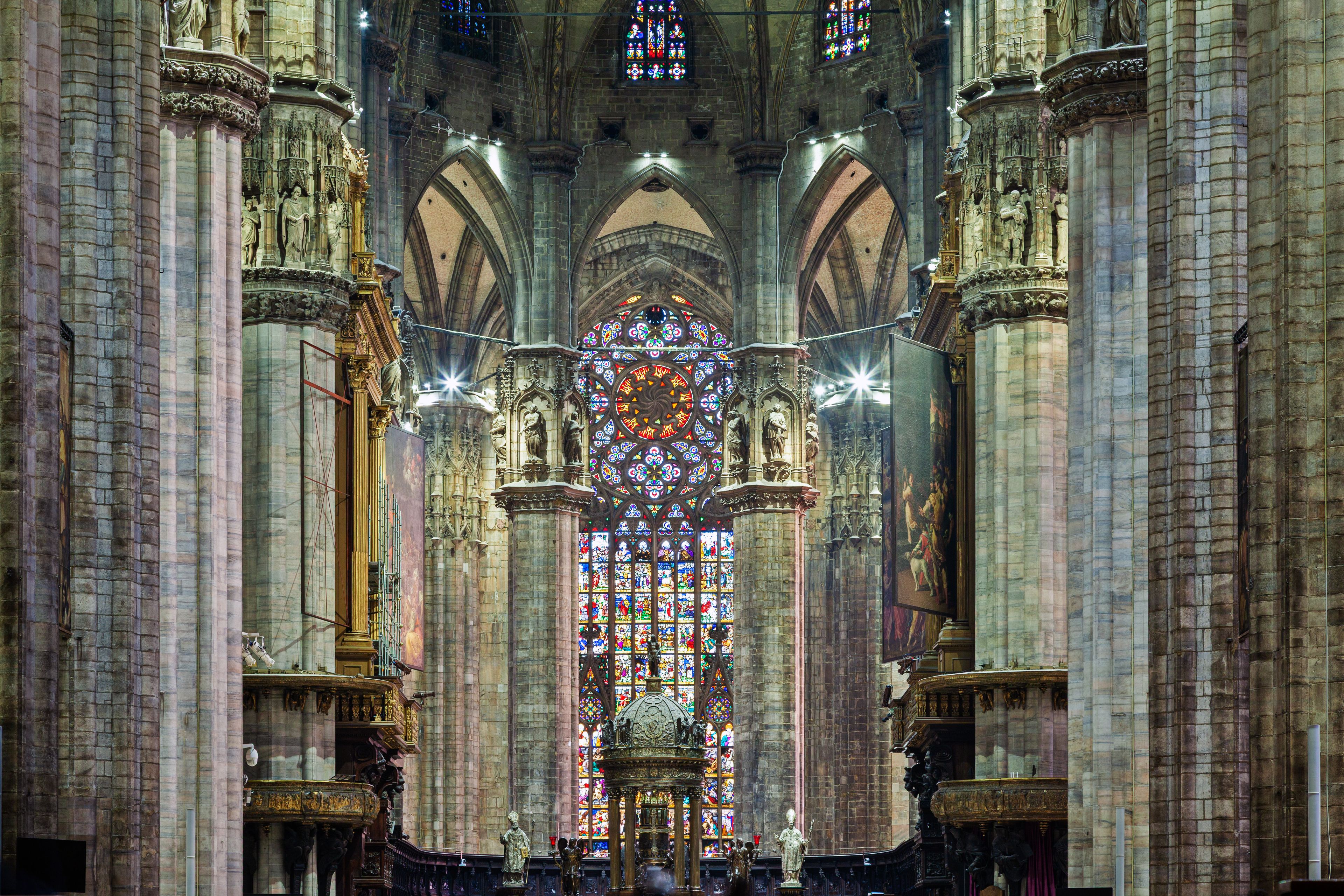 Inside the famous Duomo, the cathedral of Milan city, Italy, also known as Basilica of the Nativity of Saint Mary. Its construction began in 1386.