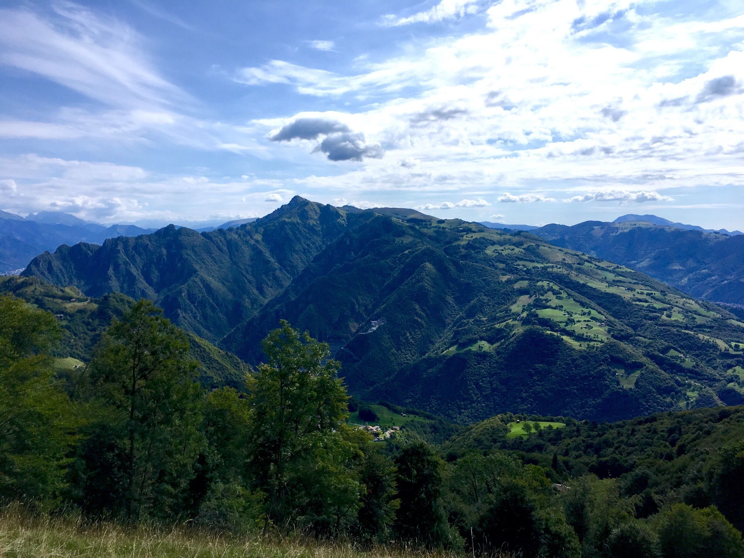 A mountainous landscape with dense forests and scattered buildings.