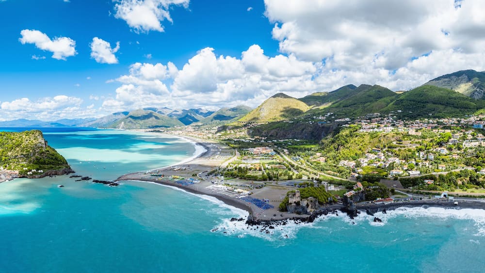 Praia a Mare from a drone, Tyrrhenian Sea, Cosenza, Calabria, Italy, Europe