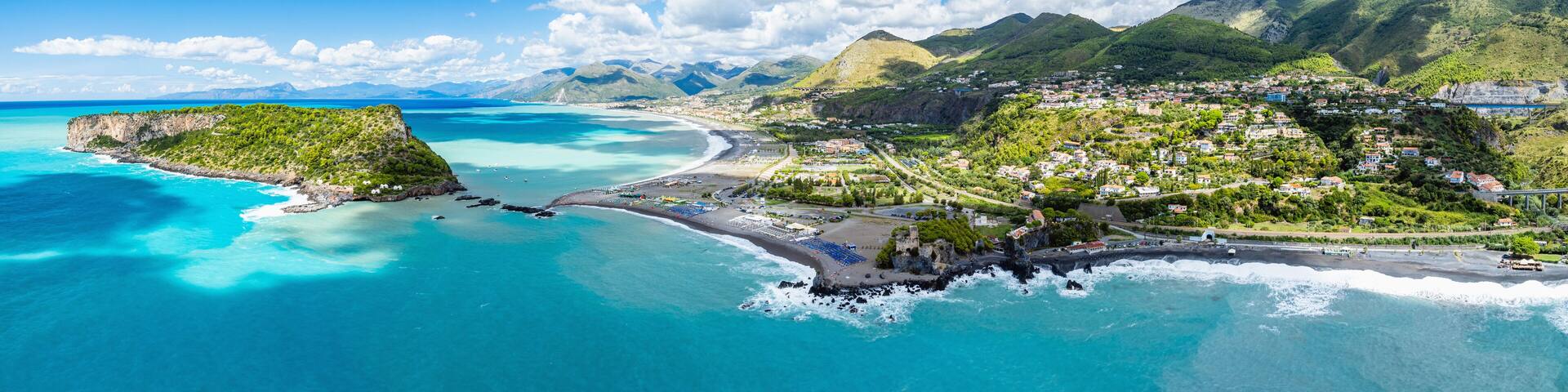 Praia a Mare from a drone, Tyrrhenian Sea, Cosenza, Calabria, Italy, Europe