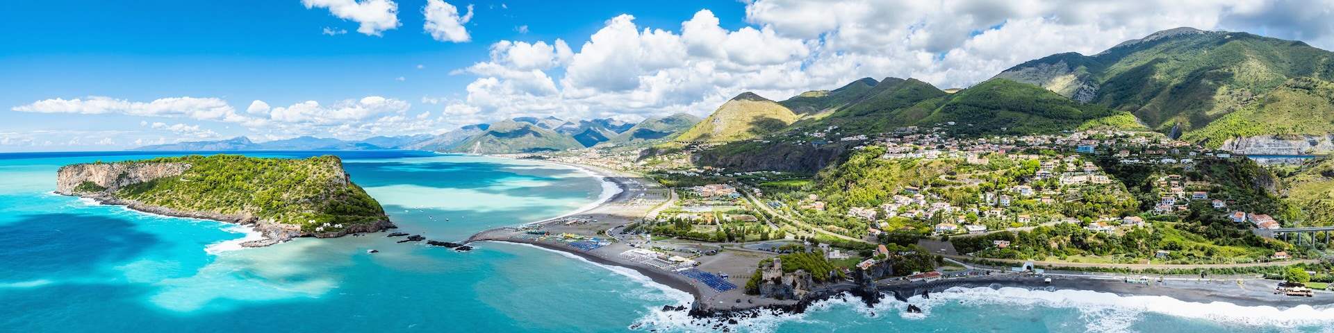 Praia a Mare from a drone, Tyrrhenian Sea, Cosenza, Calabria, Italy, Europe