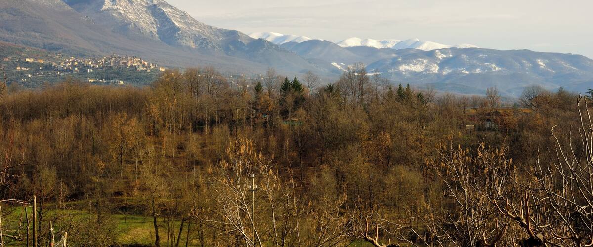 A mountainous landscape with a village in the valley.