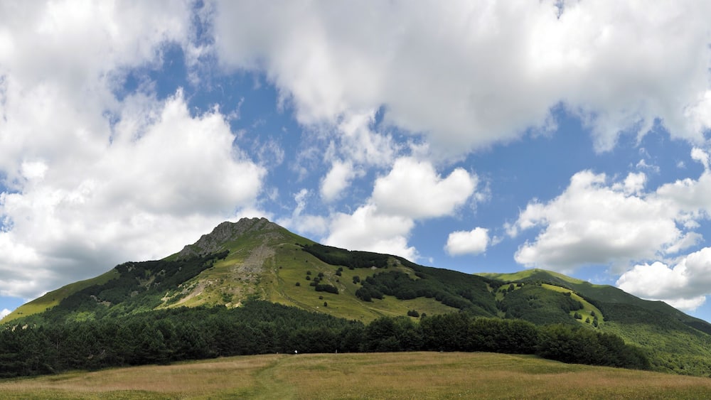 Ein Berg mit einer grünen Vordergrundebene und einem teilweise bewölkten Himmel.