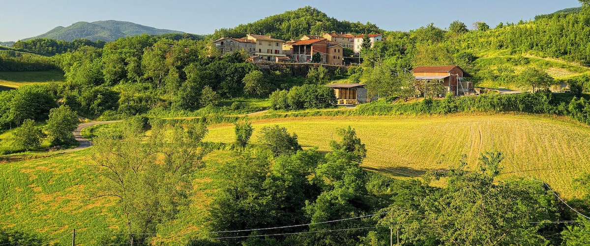 A rural landscape with a cluster of houses on a hillside, surrounded by lush greenery and fields.
