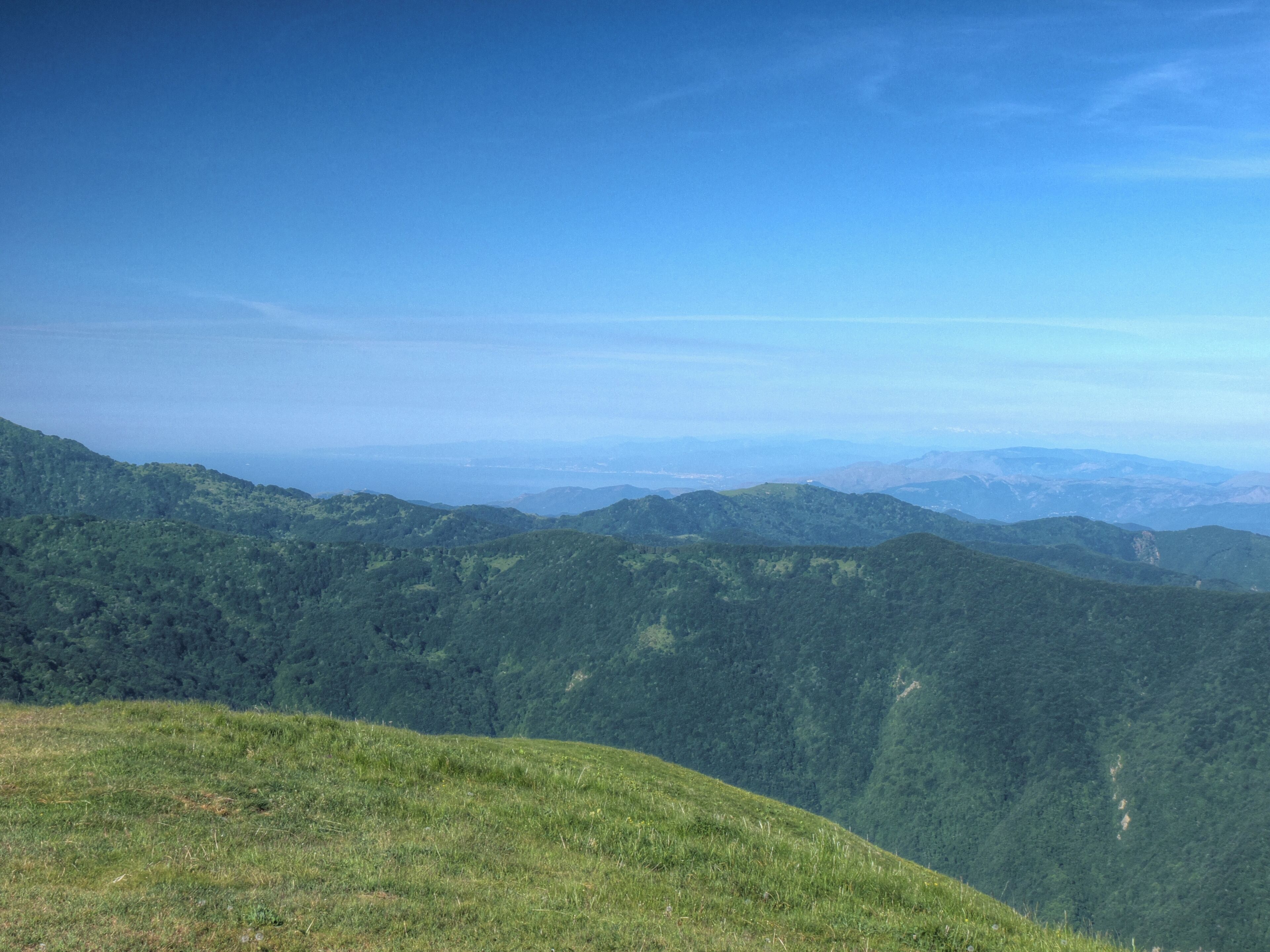 A mountainous landscape with dense green forests and a clear blue sky.