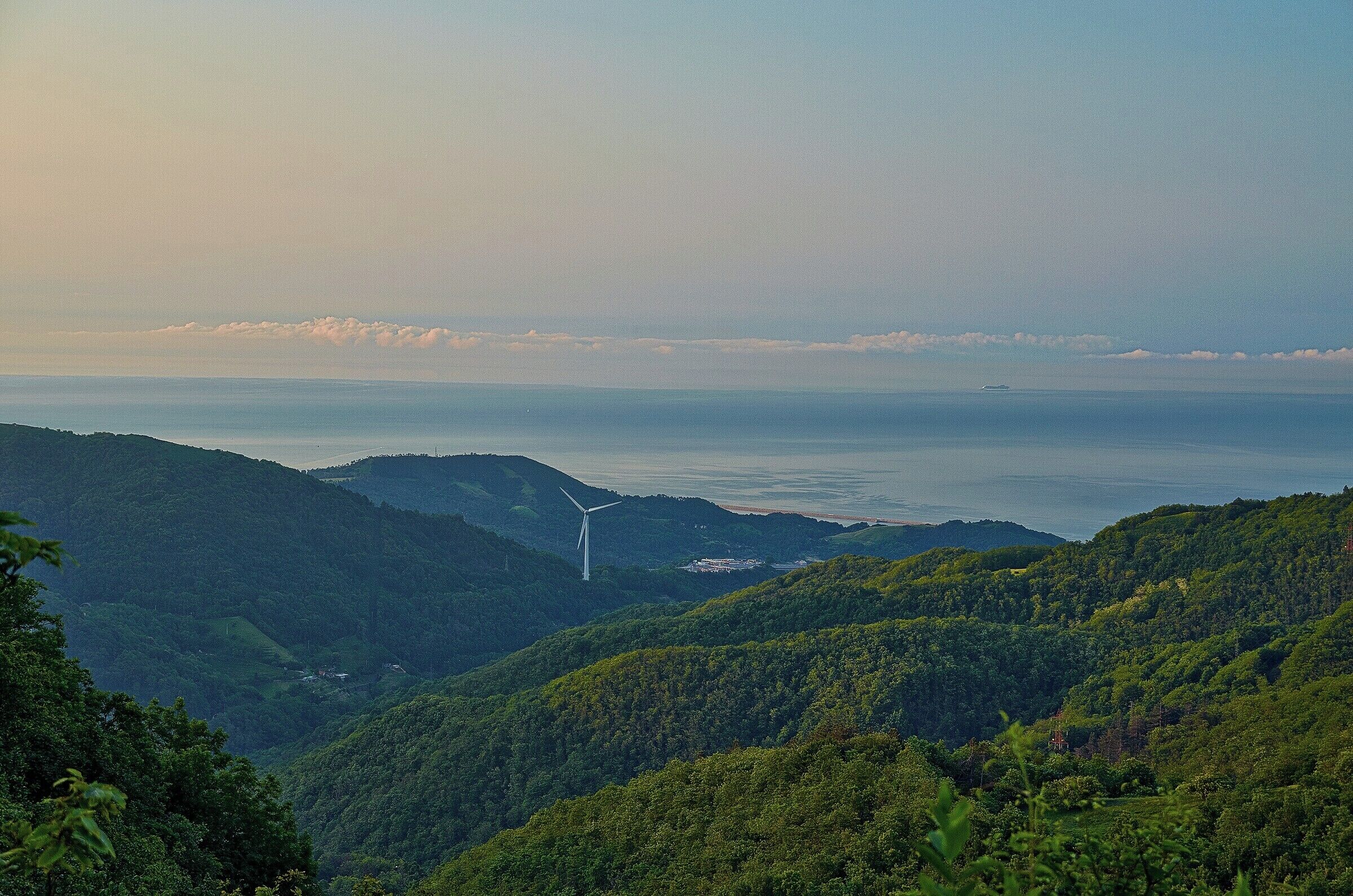 A wind turbine on a hill, lush green forest, and a distant body of water.