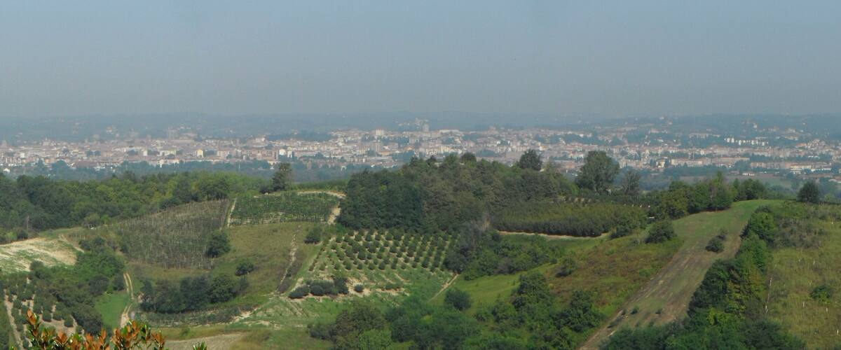A cityscape with a hilly landscape in the foreground.