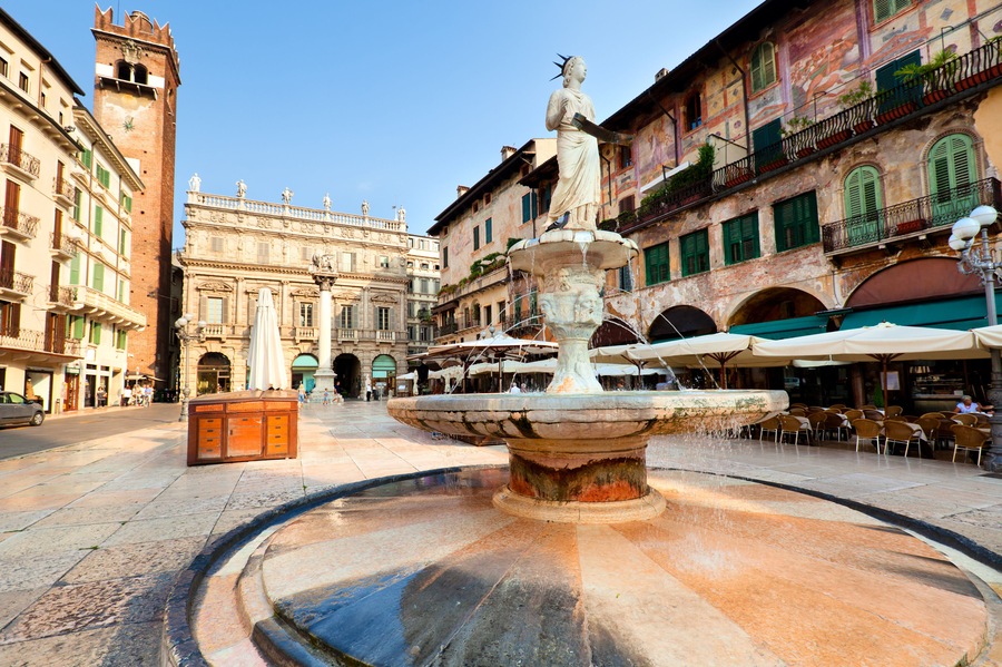 View of the Piazza delle Erbe in center of Verona city, Italy; Shutterstock ID 127316585; purchase_order: Comps; job: ; client: ; other: