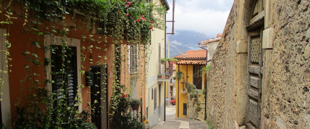 A narrow cobblestone street flanked by buildings with vibrant flowers and greenery.