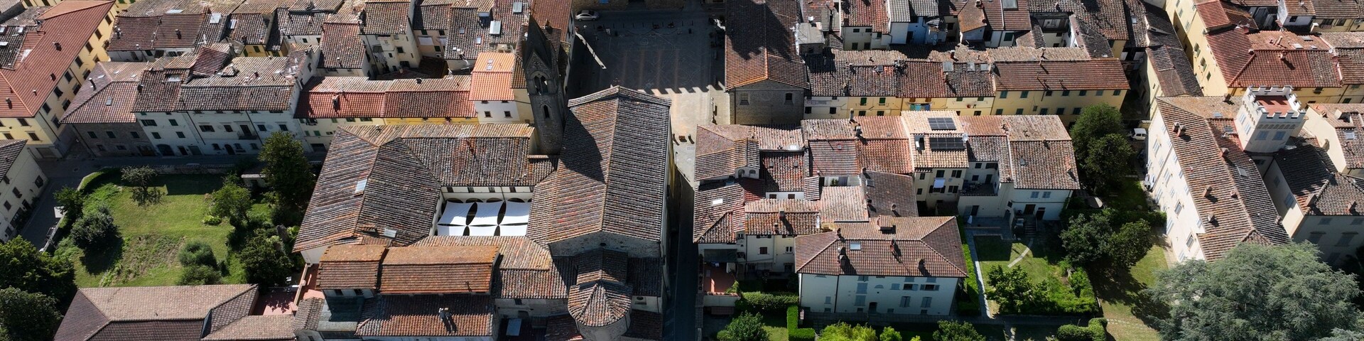 An aerial view of a historic town with a prominent castle, narrow streets, and surrounding greenery.