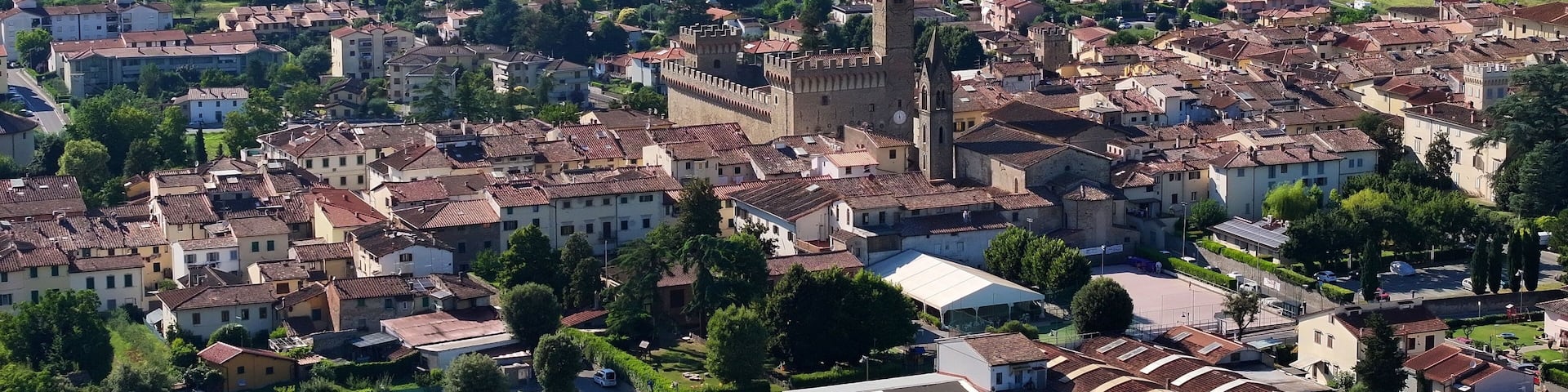 Aerial view of the village of Scarperia and the palace of the Vicars. Sacrperia is known as the land of knives. Scarperia and San Piero, Florence province.