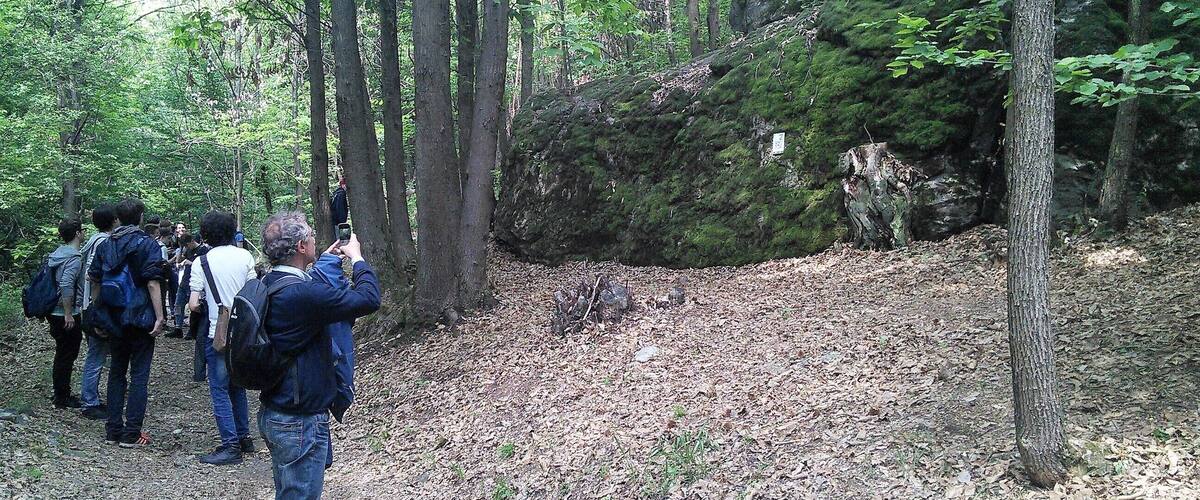 A group of people hiking in a forest with a moss-covered rock and a fallen tree.